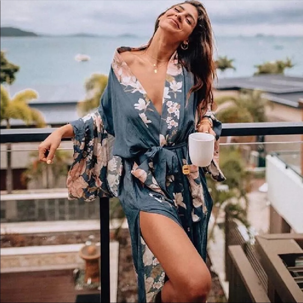 🆕Waterfall Blue Floral Peacock Maxi Kimono Duster - Picture 3 of 7